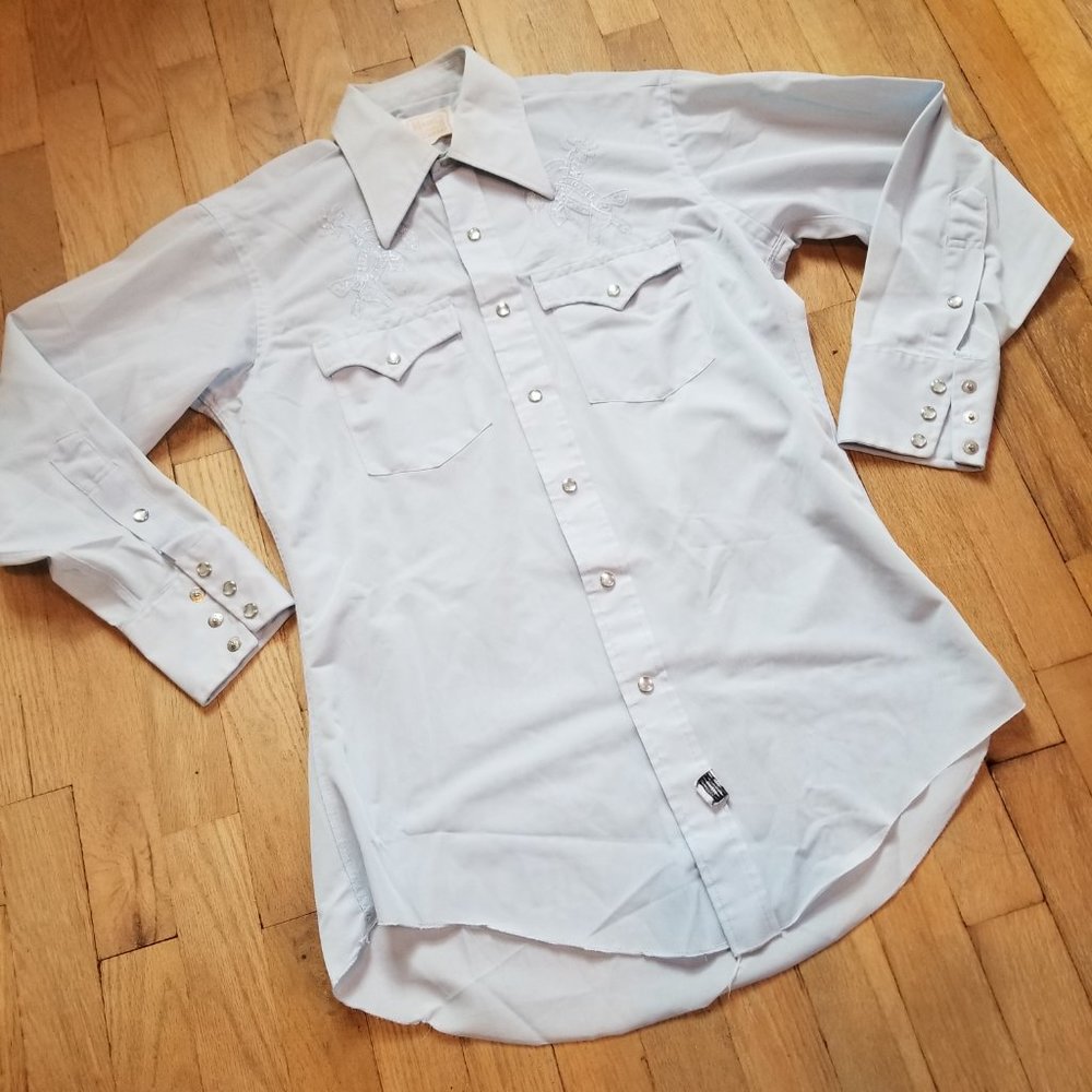 Vintage 70's Western Cowboy Pastel Blue Pearl Snap Men's Button Up Shirt - Picture 3 of 10
